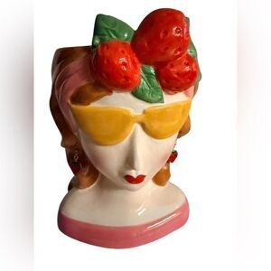 Strawberry Lady Ceramic Vase with Yellow Sunglasses and strawberry earrings